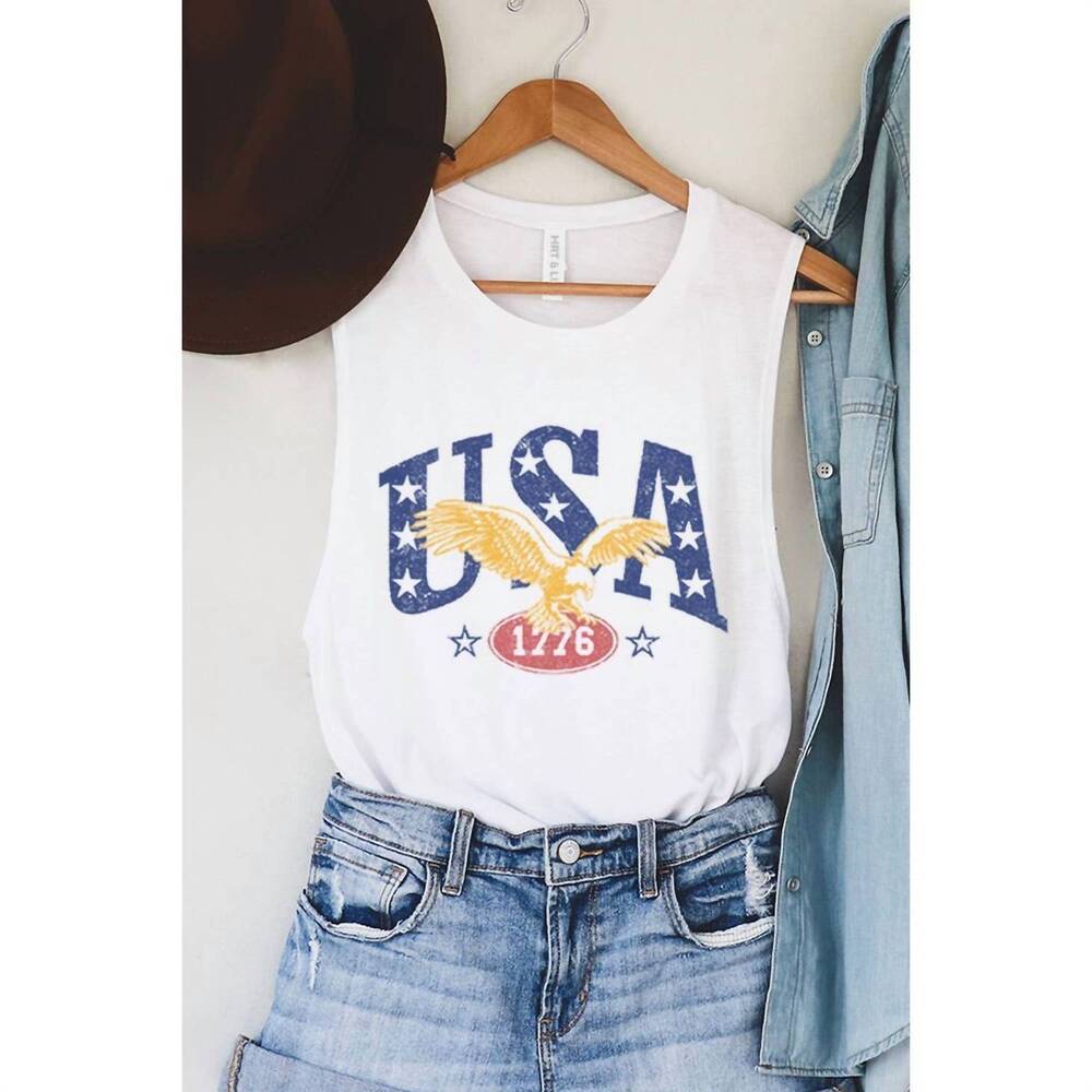 NEW HRT & LUV women's usa graphic tank top in white